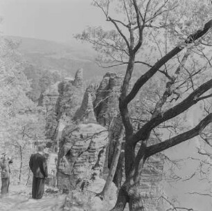 Bastei : Basteibrücke bei Rathen mit Blick auf Elbe