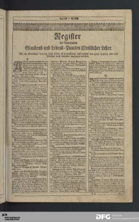 Register der fürnehmsten Glaubens- und Lebens-Puncten Christlicher Lehre.