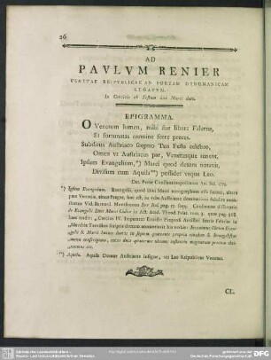 Ad Paulum Renier Venetae Reipublicae Ad Portam Othomanicam Legatum