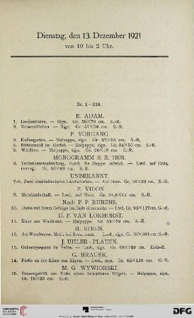 Dienstag, den 13. Dezember 1921 von 10 bis 2 Uhr (Nr. 1-218)