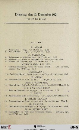 Dienstag, den 13. Dezember 1921 von 10 bis 2 Uhr (Nr. 1-218)