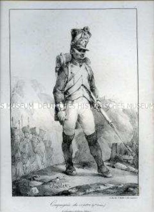 Uniformdarstellung, Gemeiner der Kompanie du Centre der Linien-Infanterie in großer Uniform, Frankreich, 1809. Tafel Nr. 5 aus: Recueil de Costumes d'Infanterie de Ligne.