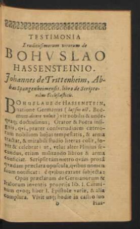 Testimonia ... virorum de Bohuslao Hassensteinio. Johannes de Trittenheim ...