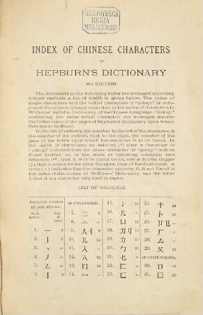 A Japanese-English and English-Japanese Dictionary, [2]. Index of Chinese characters in Hepburn's doctionary