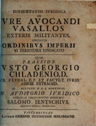 Dissertatio Ivridica De Ivre Avocandi Vasallos Exteris Militantes, Speciatim Ordinibvs Imperii VI Territorii Vindicato