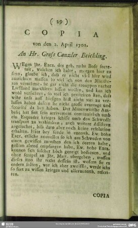 Copia von den 2. April 1701
