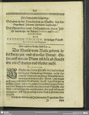 Die Dreyzehende Leichpredigt, Gehalten in der Pfarrkirchen zu Giessen, bey der Gegräbnuß Johannis Hermanni Lautebachii … Deß … Herrn Josephi Lautebachii … Söhnleins