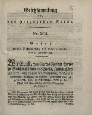 92. Gesetz wegen Besteuerung des Branntweins, vom 12. December 1833.
