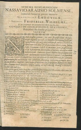 Schema Genealogicum Nassavio-Arausio-Solmense, immortali honori ac perenni memoriae Serenissimae Ludovicae Sereniss. Friderici Wilhelmi, Electoris Brandenburg. &c. &c. &c. Coniugi Desideratissimae, Beatissimae, illustrissimis illis familiis prognatae, Sacrum
