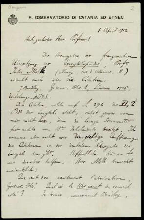 Nr. 2 Brief von Azeglio Bemporad an Karl Schwarzschild. Catania, 1.4.1912