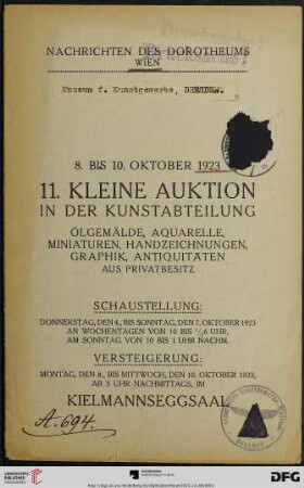 Ölgemälde, Aquarelle, Miniaturen, Handzeichnungen, Graphik, Antiquitäten aus Privatbesitz : Versteigerung: 8. bis 10. Oktober 1923 (Katalog Nr. 11)