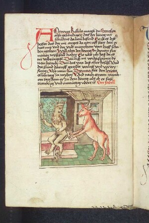 Dimna vor dem Löwenkönig; (Kapitel II: Von dem Löwen und dem Ochsen)