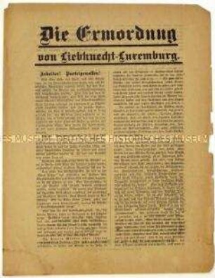 Flugblatt der KPD zum Gerichtsprozess gegen die Mörder von Rosa Luxemburg und Karl Liebknecht