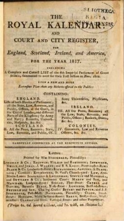 The Royal kalendar and court and city register for England, Scotland, Ireland and the colonies : for the year .... 1817