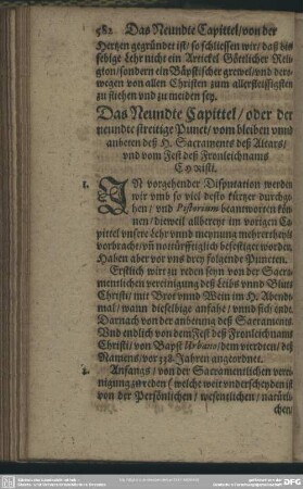 Das Neundte Capittel, oder der neundte streitige Punct, vom bleiben unnd anbeten deß H. Sacraments deß Altars, und vom Fest deß Fronleichnams CHRisti