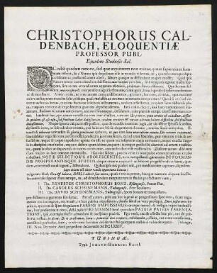 Christophorus Caldenbach, Eloquentiae Professor Publ. Ejusdem Studiosis Sal.