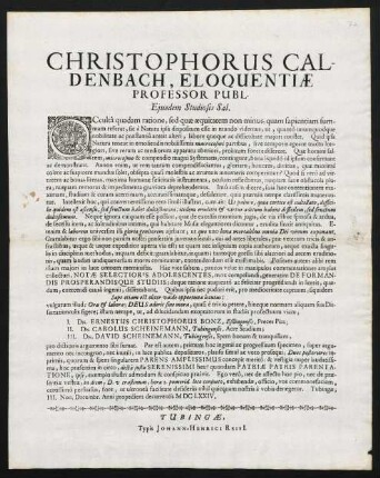 Christophorus Caldenbach, Eloquentiae Professor Publ. Ejusdem Studiosis Sal.