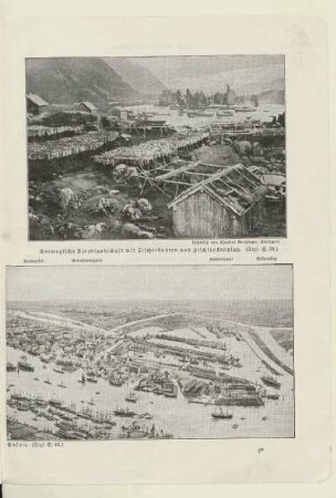 Norwegische Fjordlandschaft mit Fischerbooten und Fischtrockenplatz. (Text S. 39.)