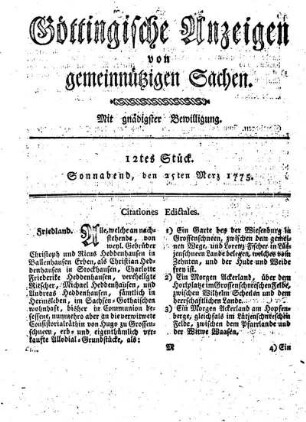 12tes Stück. Sonnabend, den 25ten Merz 1775.