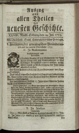 XXVIII. Nachlese. Coburg, den 14. Jul. 1753.