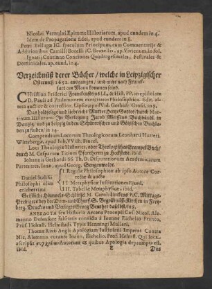 Verzeichnüß derer Bücher/ welche in Leipzigischer Ostermeß 1652. ausgangen/ ...
