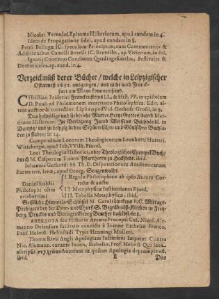 Verzeichnüß derer Bücher/ welche in Leipzigischer Ostermeß 1652. ausgangen/ ...