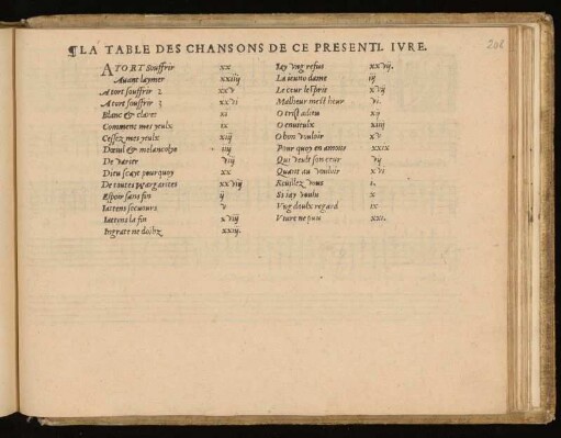 La table des chansons de ce present livre
