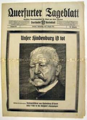 Regionale Tageszeitung "Querfurter Tageblatt" zum Tod von Hindenburg