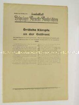 Sonderblatt der "Leipziger Neuesten Nachrichten" mit Kurzmeldungen von verschiedenen Kriegsschauplätzen u.a. über den britischen Luftangriff auf Berlin und Nordwestdeutschland