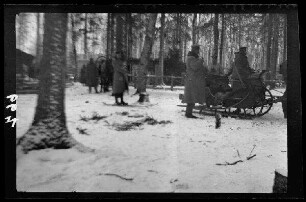 Soldaten mit einem Pferdeschlitten in einem verschneiten Wald