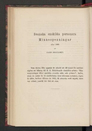 Svenska enskilda personers Minnespenningar efter 1860 Af Carl Snoilsky
