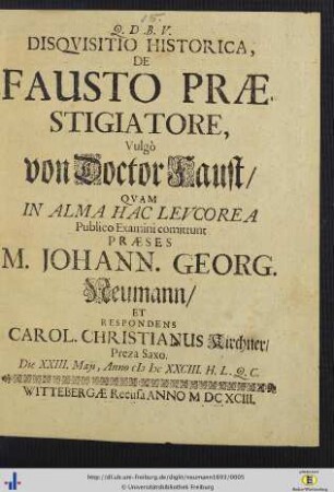 Disqvisitio Historica, De Fausto Praestigiatore, Vulgò von Doctor Faust