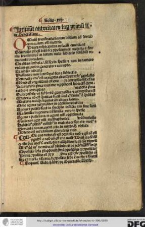 Incipiunt autoritates super primum librum de generatione.