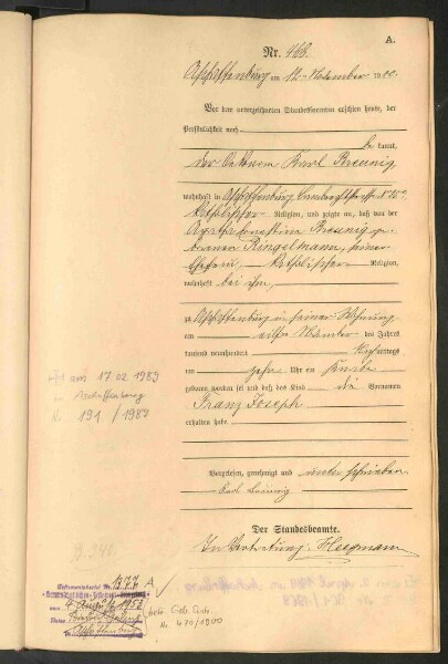 Standesamtsbuch der Stadt Aschaffenburg: Geburten 365/1900 - 184/1901