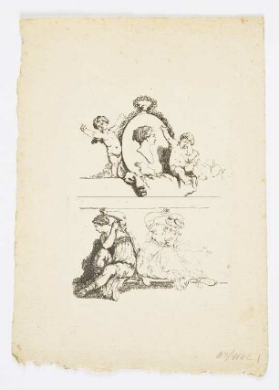 Medaillienkopf mit zwei Amoretten und zwei weiblichen Gestalten