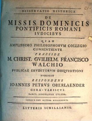 Dissertatio Historica De Missis Dominicis Pontificis Romani Ivdicibvs