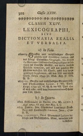 302-333, Classis XXIV. Lexicographi, Sive Dictionaria Realia et Verbalia - Classis XXVII. Antiquarii et Nummarii ...