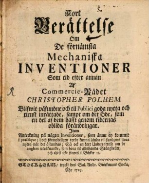 Kort Berättelse om de firnamsta Mechaniska inventioner