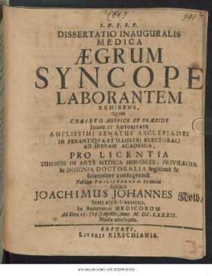 Dissertatio Inauguralis Medica Aegrum Syncope Laborantem Exhibens