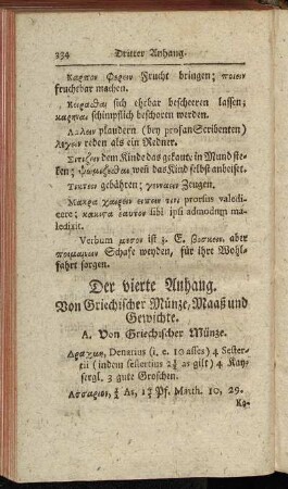 Der vierte Anhang. Von Griechischer Münze, Maaß und Gewichte.
