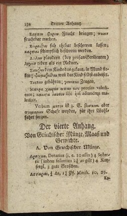 Der vierte Anhang. Von Griechischer Münze, Maaß und Gewichte.