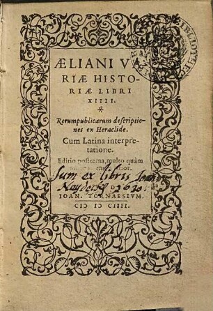 Aeliani Variae Historiae Libri XIIII : rerum publicarum descriptiones ex Heraclide