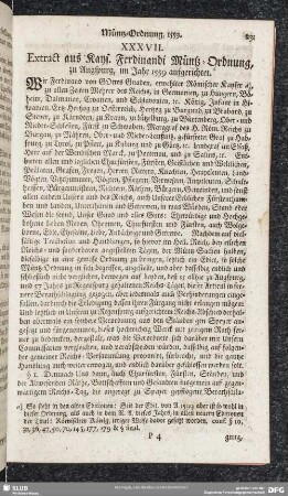 XXXVII. Extract aus Kays. Ferdinandi Müntz-Ordnung, zu Augspurg, im Jahr 1559 aufgerichtet
