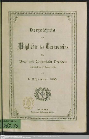 1895: Verzeichnis der Mitglieder des Turnvereins für Neu- und Antonstadt-Dresden : nach dem Stande vom ...
