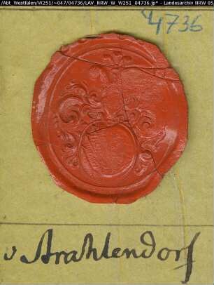 Siegler: Stralendorff (Strahlendorf) Überlieferungsart: Stoff: Lack Farbe: rot Form: oval. Durchmesser: 30 mm Art: Typ: Umschrift: