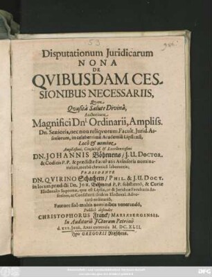 Disputationum Iuridicarum Nona De Quibusdam Cessionibus Necessariis
