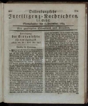 LI. Stück. Sonnabends: den 18. December, 1784.