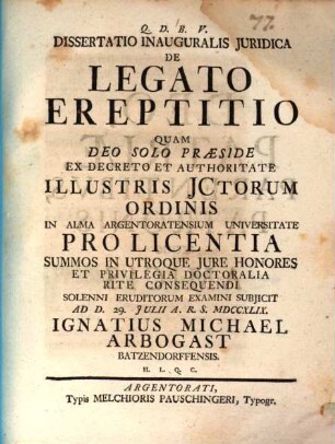 Diss. inaug. iur. de legato ereptitio