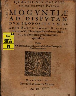 Quaestiones Calvinisticae contra Pareum