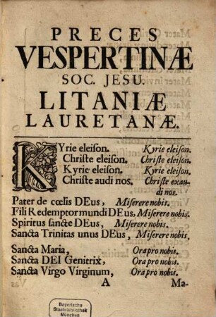 Preces Vespertinæ Soc. Jesu. Litaniæ Lauretanæ
